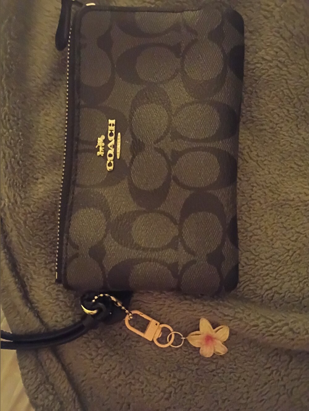 Coach Black & Charcoal Signature Zip Wristlet with Flower Charm